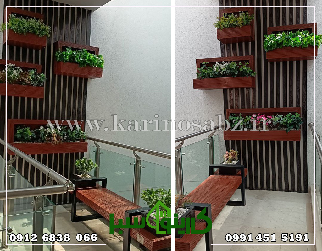 اجرای فلاورباکس دیواری ، اجرای نیمکت چوبی ، پروژه فلاورباکس